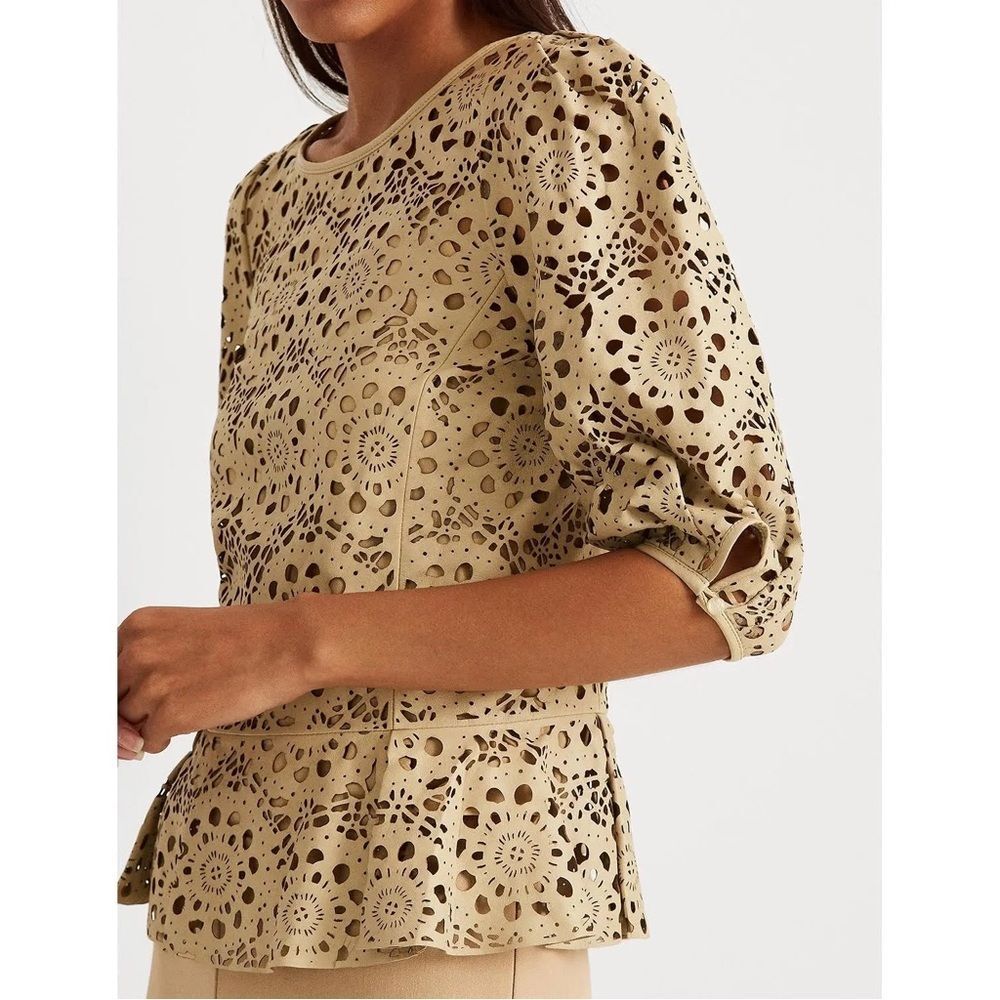 L.Ralph Lauren 100% Lambskin Leather Laser Cut Peplum Top, NWT, Size 16 - Picture 6 of 13